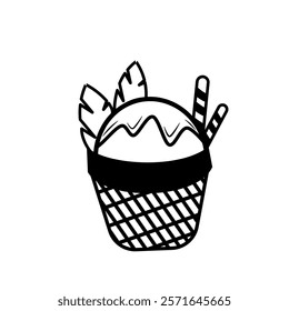 Line art of ice cream in a waffle bowl, topped with creamy swirls, two cookie sticks, and decorative leaves for a simple yet elegant design