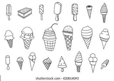 Line art icecream icons set. Dessert food, sweet and cold, vector illustration