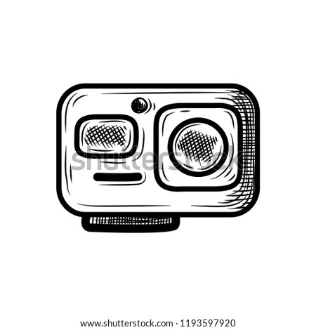 Line art icon of Action camera. Waterproof box. Hand drawn sketch. Vector illustration.