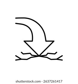 Line Art Icon of Arrow Hitting Ground with Cracks Impact Force and Failure Outline