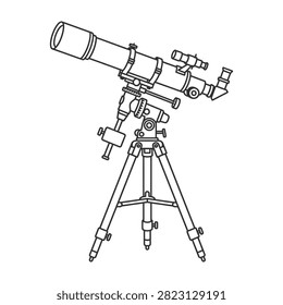 A line art icon of an astronomical telescope mounted on a tripod stand, designed for stargazing, space exploration, and celestial observation in scientific study.