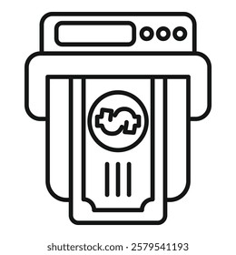 Line art icon of an atm dispensing a banknote, representing financial transactions and banking services