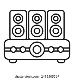 Icono de Line Art de un sistema de audio que reproduce música, con tres grandes altavoces y un reproductor