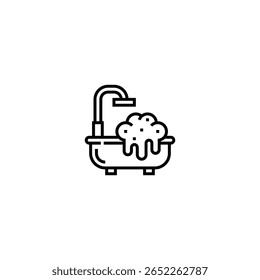Line art icon of a bathtub filled with soap bubbles, symbolizing hygiene, relaxation, and personal care. Minimalist design perfect for spa, bathroom, or wellness-related concepts. Isolated on white ba