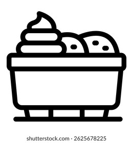 Line art icon of a bowl filled with scoops of ice cream, whipped cream topping, and chocolate chips