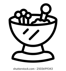 Line art icon of a bowl with a whisk and some food in it, perfect for recipes or cooking