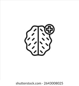 A line art icon of a brain with a plus sign, possibly representing mental health, adding knowledge, or cognitive enhancement.