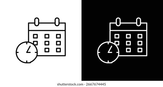 Line art icon of a calendar and clock, representing scheduling or time management. Available in white and black versions.