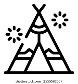 Line art icon of a camping tent under a starry night, symbolizing outdoor adventures and connection with nature