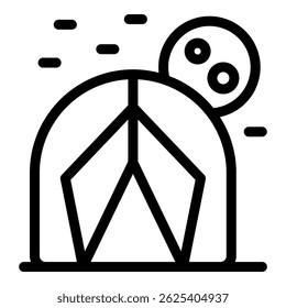 Ícone de arte de linha de uma tenda de acampamento com um design de símbolo de paz, sugerindo uma experiência de acampamento pacífica e harmoniosa