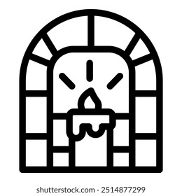 Line art icon of a candle burning in a niche of a brick wall, perfect for topics like coziness or interior design