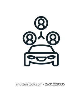 Line art icon of a car sharing service with three people connected to a modern electric car