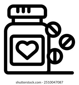 Line art icon of a cardiology medication bottle with heart drugs falling out, representing love pills and heart health