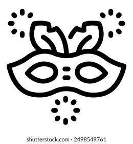 Line art icon of a carnival mask surrounded by fireworks, symbolizing the joy and celebration of mardi gras