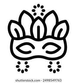 Line art icon of a carnival mask with feathers, celebrating the joyful atmosphere of mardi gras