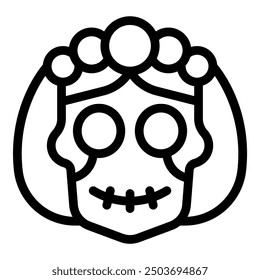 Line art icon of a catrina skull wearing a flower crown, perfect for day of the dead projects