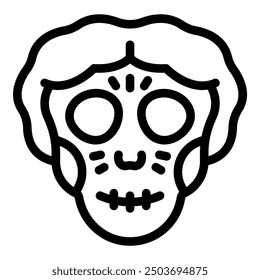 Line art icon of a catrina skull with floral decorations, symbolizing the day of the dead