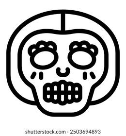 Line art icon of a catrina skull with traditional makeup, celebrating the day of the dead