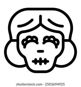 Line art icon of a catrina skull with makeup celebrating the day of the dead