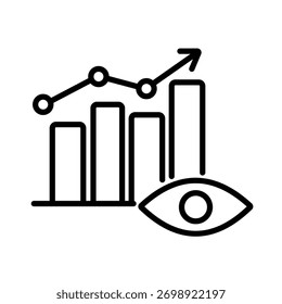 Icono de arte lineal que combina gráficos de barras, una línea de tendencia ascendente y un ojo, que simboliza el monitoreo de datos, el seguimiento del crecimiento financiero y el análisis visual.