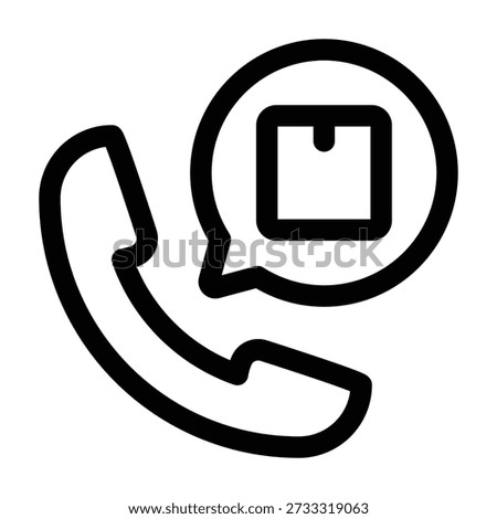 A line art icon combining a telephone handset with a circular dialog bubble containing a package symbol. This image represents phone support, order tracking calls, or communication regarding delivery services.