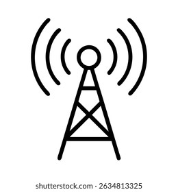 Icono de arte lineal de una torre de comunicación que emite ondas de señal, perfecto para ilustraciones de telecomunicaciones y redes.