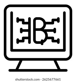 Line art icon of a computer screen showing a bitcoin symbol connected to an electronic circuit