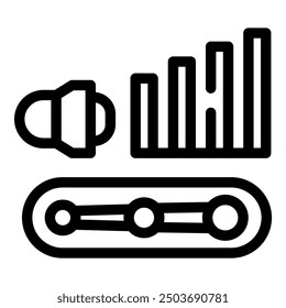 Line art icon of a conveyor belt delivering audio content with a growing bars chart, symbolizing increasing podcast popularity