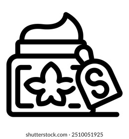 Line art icon of a cosmetic cream jar with a flower symbol and dollar sign price tag, representing natural beauty products and their cost