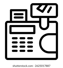 Line art icon of a credit card being swiped through a pos terminal
