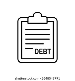 Line art icon depicting a clipboard with the word 'DEBT' to symbolize financial debt.