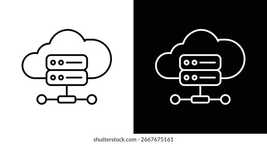 Icono de arte lineal que representa un servidor en la nube, presentado en fondos blancos y negros. Ideal para conceptos de tecnología, datos y redes.