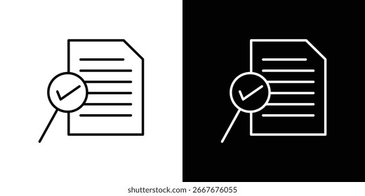 Icono de arte lineal que representa un documento con una marca de verificación dentro de una lupa, presentado sobre fondos blancos y negros.