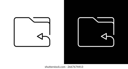 Icono de arte lineal que representa una carpeta con una flecha izquierda, presentada en ambos fondos blanco y negro.