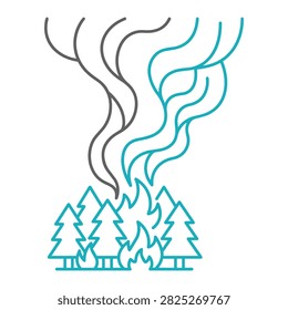 Line art icon depicting a forest fire with smoke rising above burning pine trees for environmental awareness design