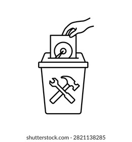 Line art icon depicting a hand dropping a computer hard drive (HDD) into a locked destruction bin with a crossed tools symbol.