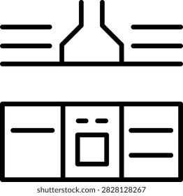 A line art icon depicting a modern kitchen interior with an oven, cabinets, and an extractor hood. This minimalist graphic represents home cooking and kitchen appliances.