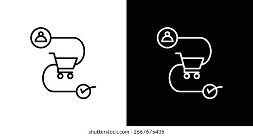 Ícone da arte de linha que representa a jornada de um usuário até um carrinho de compras e a conclusão do pedido. Disponível em preto e branco.