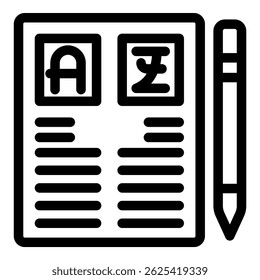 Line art icon of a digital tablet with different alphabets and a pencil aside, representing online translation