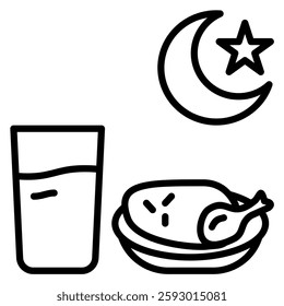 Line art icon displays a Ramadan meal with water, chicken, and crescent moon symbol, suitable for greeting cards or social media posts.