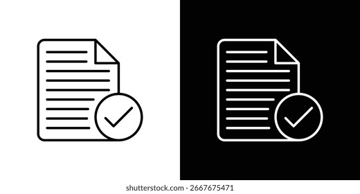 Icono de arte lineal de un documento con una marca de verificación, presentado en ambos fondos blanco y negro.
