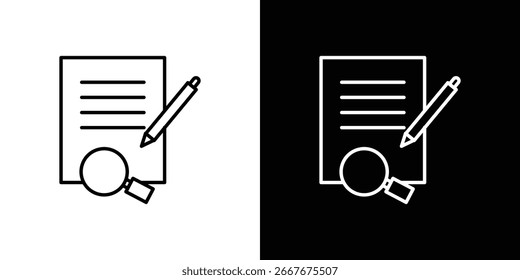 Linienkunstsymbol eines Dokuments, Stifts und einer Lupe. Perfekt für Forschungs-, Untersuchungs- oder Analysekonzepte.