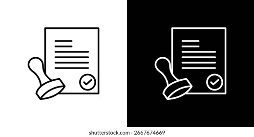 Ícone de arte de linha de um documento com um carimbo e uma marca de seleção, apresentado em planos de fundo brancos e pretos.
