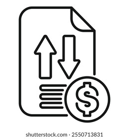 Icono de arte lineal de un documento que muestra la volatilidad del mercado con flechas arriba y abajo y una moneda de dólar