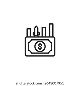 A line art icon of a dollar bill with a rising bar graph and a rocket taking off, symbolizing financial growth, investment success, or rapid economic progress.
