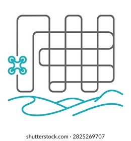 Line art icon of a drone flying a gridpattern mapping route over terrain