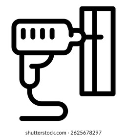 Line art icon of an electric drill making a hole in a wooden plank
