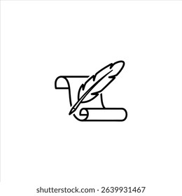 A line art icon of a feather quill pen with a parchment scroll. Monochrome symbol for history, writing, and law, isolated on a white background.