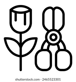 Line art icon featuring a rose and a pair of garden shears, symbolizing gardening and horticulture