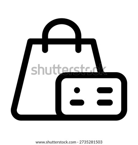 A line art icon featuring a shopping bag next to a membership card, symbolizing retail shopping, customer loyalty programs, exclusive club benefits, and consumer membership services.